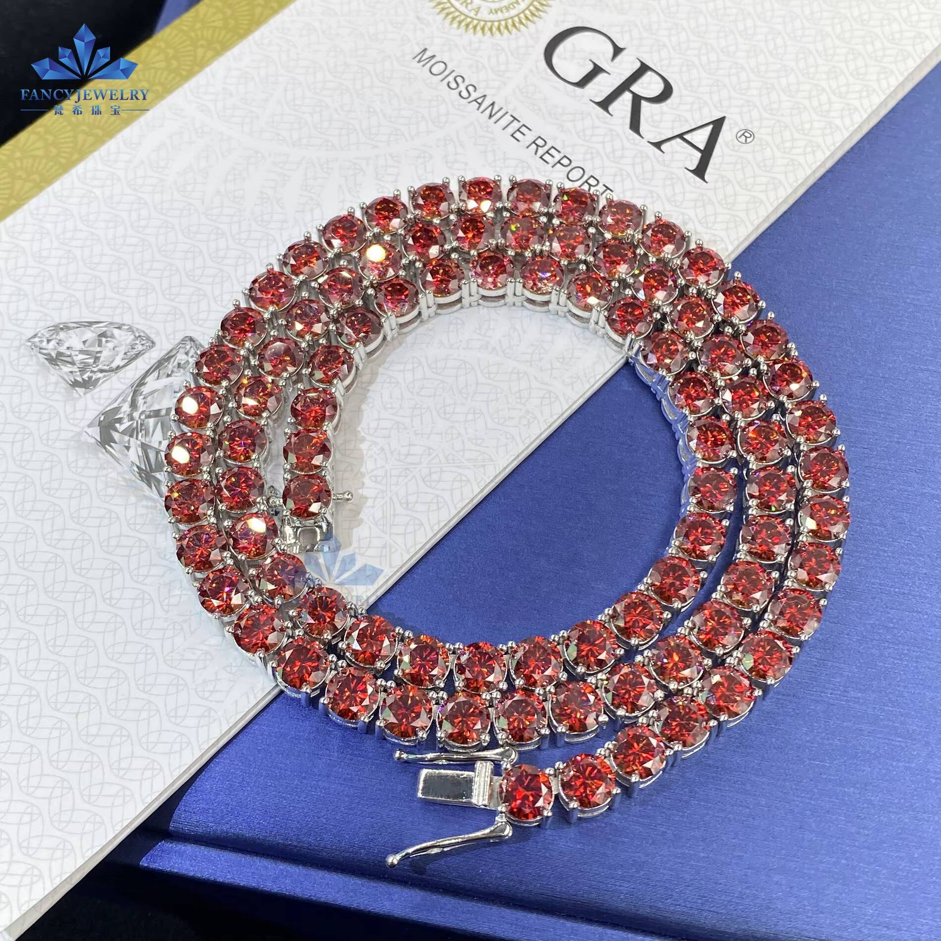 Wholesale Price High Quality 925 Sterling Silver Hip Hop Tennis Chain Red Moissanite 65MM Diamond Men Women