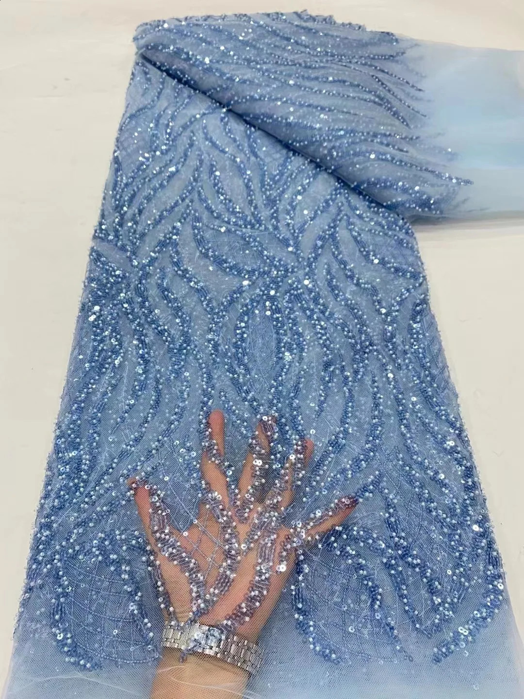 African Lace Fabric With Bead And Sequin High Quality French Tulle Embroidery lightweight Mesh Material For Banquet dress 250407