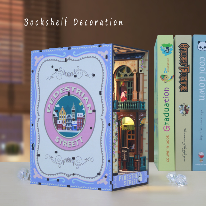 Pedestrian Street DIY Assembled Bookend, Exquisite 3D Wooden Puzzle with LED Light Effect, Creative Bookshelf Insert Decor & Unique Gift for Book Love