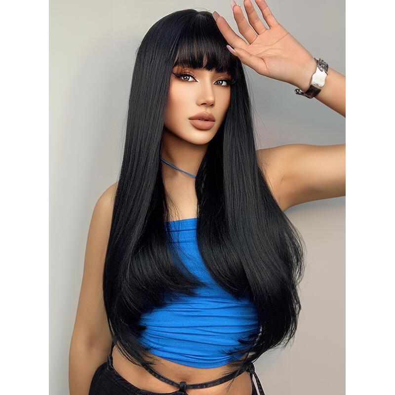 ENTRANCED STYLES Natural Women Long Straight with Bangs Black Hair Wigs Heat Resistant Synthetic Womens Wig for Daily Party Use 24 Inch