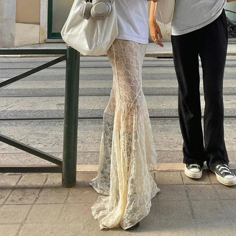 Two Layer Lace Trumpet Mermaid Long Skirts For Women Vintage Elegant Fashion High Waist Skirt Holiday Outfits 250411