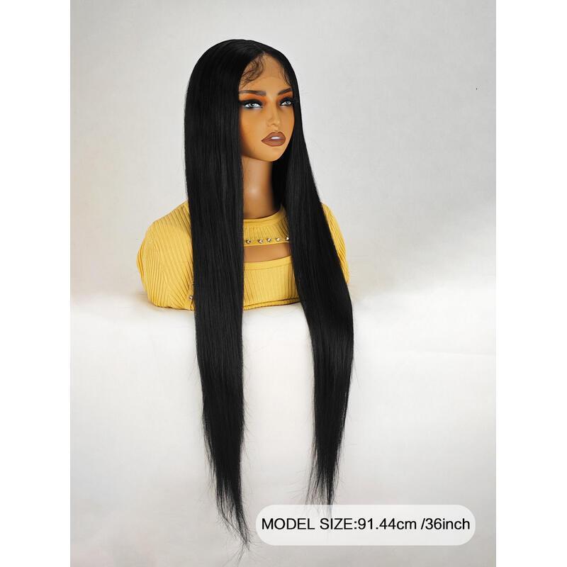 36 Inch Length Yaki Straight Front Synthetic Middle Parting HD Clear Glueless Lace Heat Resistant Fiber Pre-Plucked Haire with Baby Hair Wig for Women
