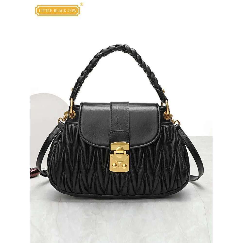 Designer Women Sheepskin Pleated Underarm Office Ladies Flap Weave Handbag Genuine Leather Shoulder Crossbody Bag