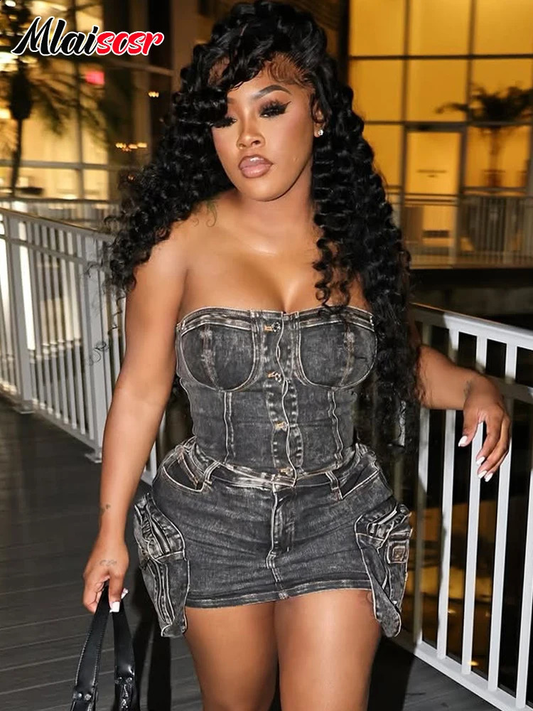 Mlaiscsr Sexy Sleeveless Backless Strapless Crop Tops and Wrap Hip Skirt Denim Two Piece Sets Women Pockets Streetwear Outfits 250411
