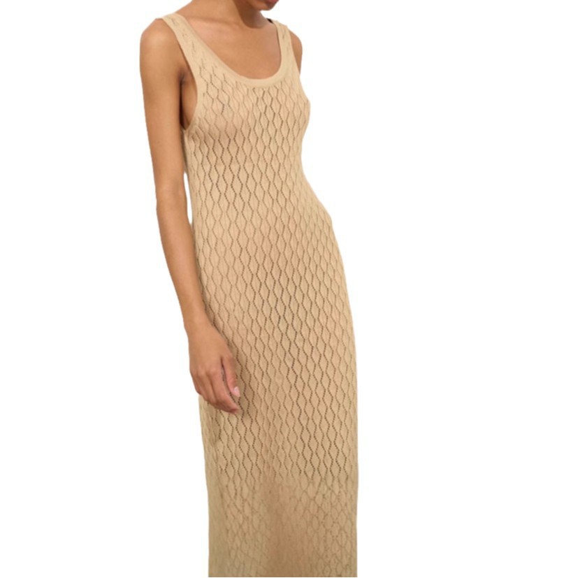 L49Sexy Knitted Hollow Long Skirt with Solid Colors & Slim Suspender Style for Summer 2025