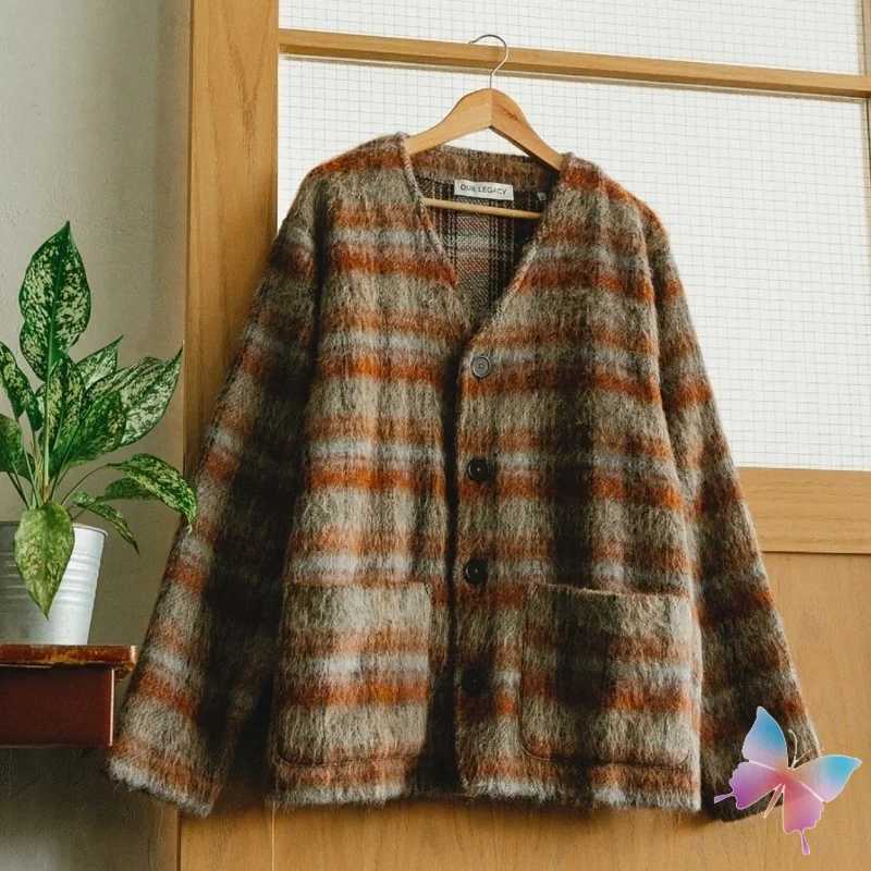 Winter Brown Plaid Mohair OUR LEGACY Jacket Fashion Street Wool Blend Knitted V-neck Cardigan Casual Loose Sweaters Men WomenXJ251112