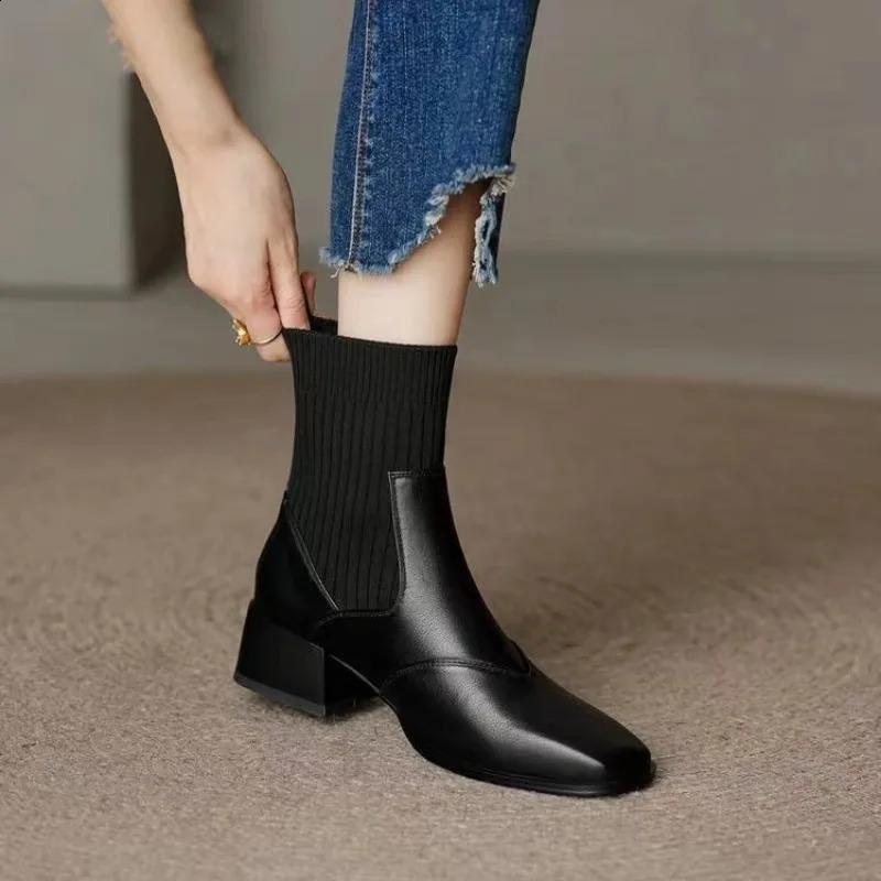 Women Sock Boots Square Toe Spring Autumn Women Casual Chelsea Botines Medium Heel Knitted Brown Black Ankle Boots for Women 250411