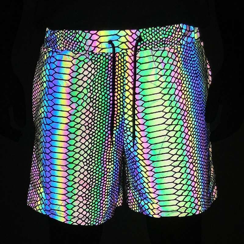 Summer Men 2025 Jogger Reflective Safety Trouser Snakeskin Print Drawstring Elastic Waist Cycg Gym Shorts With Pockets