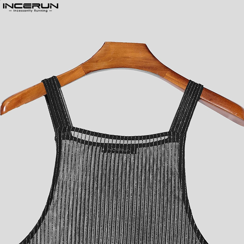 INCERUN Tops 2025 American Style Fashion Men Sparkling Fabric Stripe Perspective Mesh Vests Casual Clubwear Male Thin Tank Tops 250407