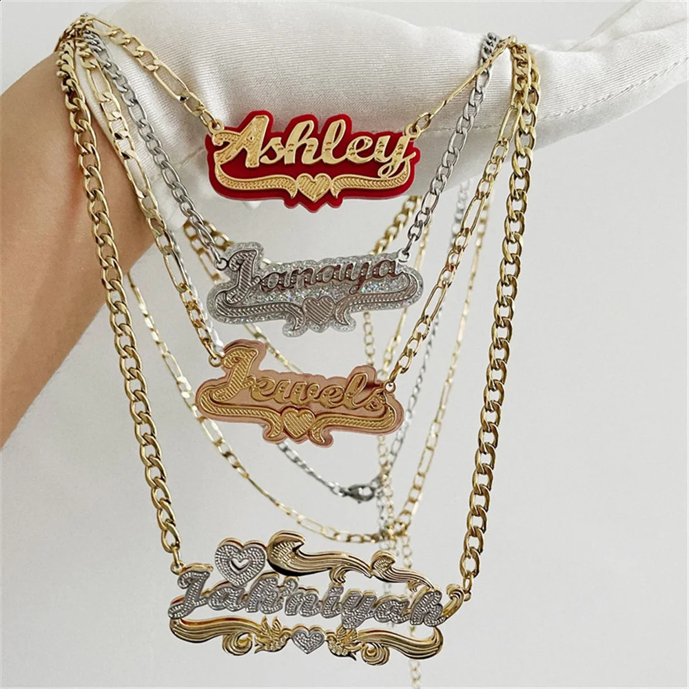 Double layered name necklace two tone custom letters cartoon character pendant hiphop womens used for gifts 250410