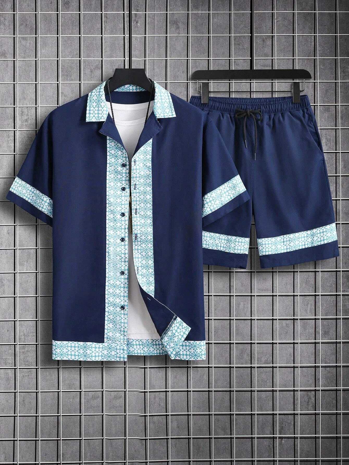 Summer mens shirt set retro simple striped beach short sleeved casual collar shirt oversized beach shorts Hawaiian suit clothingXJ250412