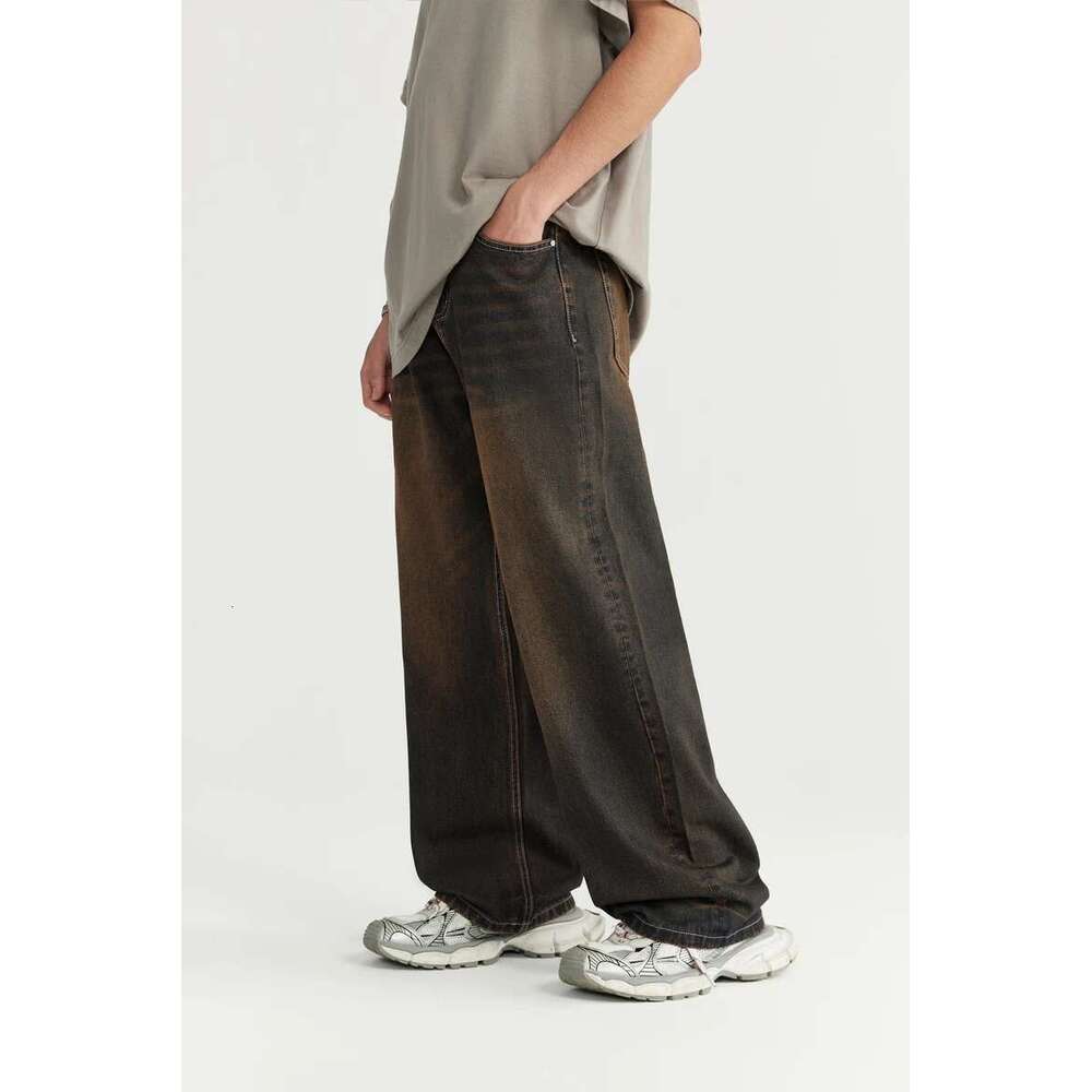 Sand Washed Wide Jeans Trendy Streetwear Loose Fit Straight Leg Denim Pants For Men