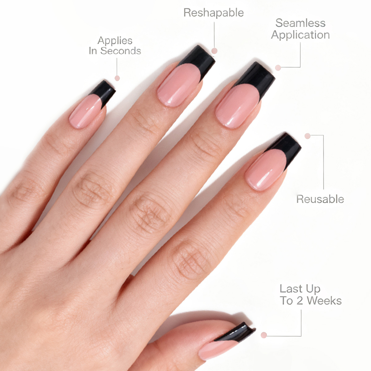 French Black Coffin Long Press-On Nails for Women - Available in 16 Sizes with 32 Reusable Pieces