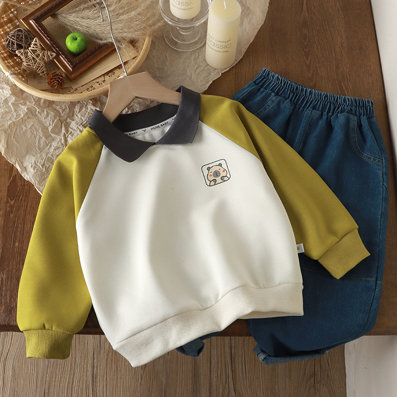 Ddmyshoesvip New Boys Lapel Children S Trendy Casual Contrasting Color Pullover Hoodie Girls Inner Outfit