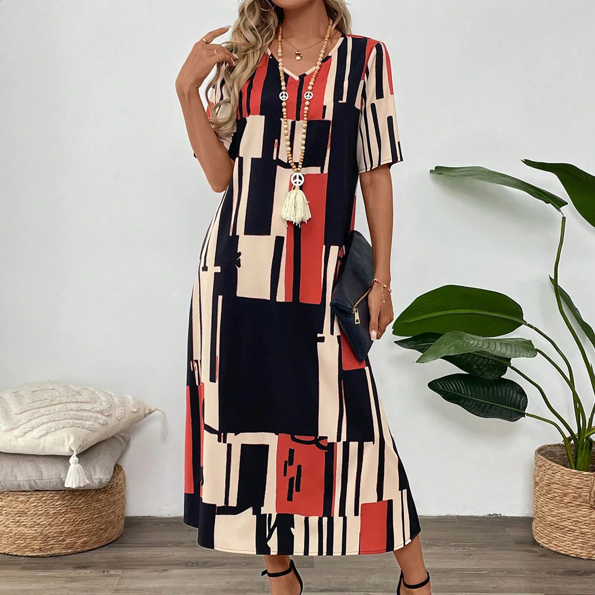 2025 Summer Womens Dress Print V-neck Short-sleeved Loose Long Dress Fashion Elegant Casual Loose Beach Party Dress Robe Femme 250411