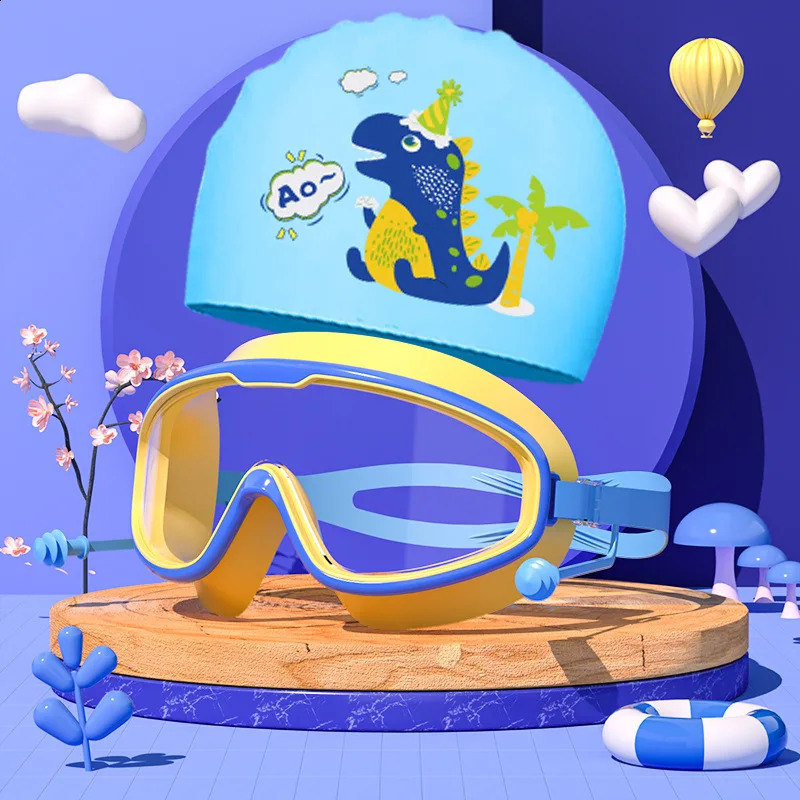 Swim Goggles And Caps Set Childrens Large Frame Goggles HD Waterproof Anti-fog Boys Girls Swimming Glasses Cartoon Bathing Cap 250411