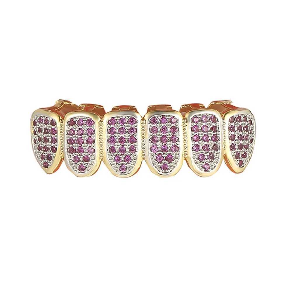 Hiphop Iced Out Rose Red 5A Zirconia Teeth Grillz for Neutral Rap Singer Mouth Gold Silver Cube Zirconia Teeth Grills 6/6 Top Bottom W250412
