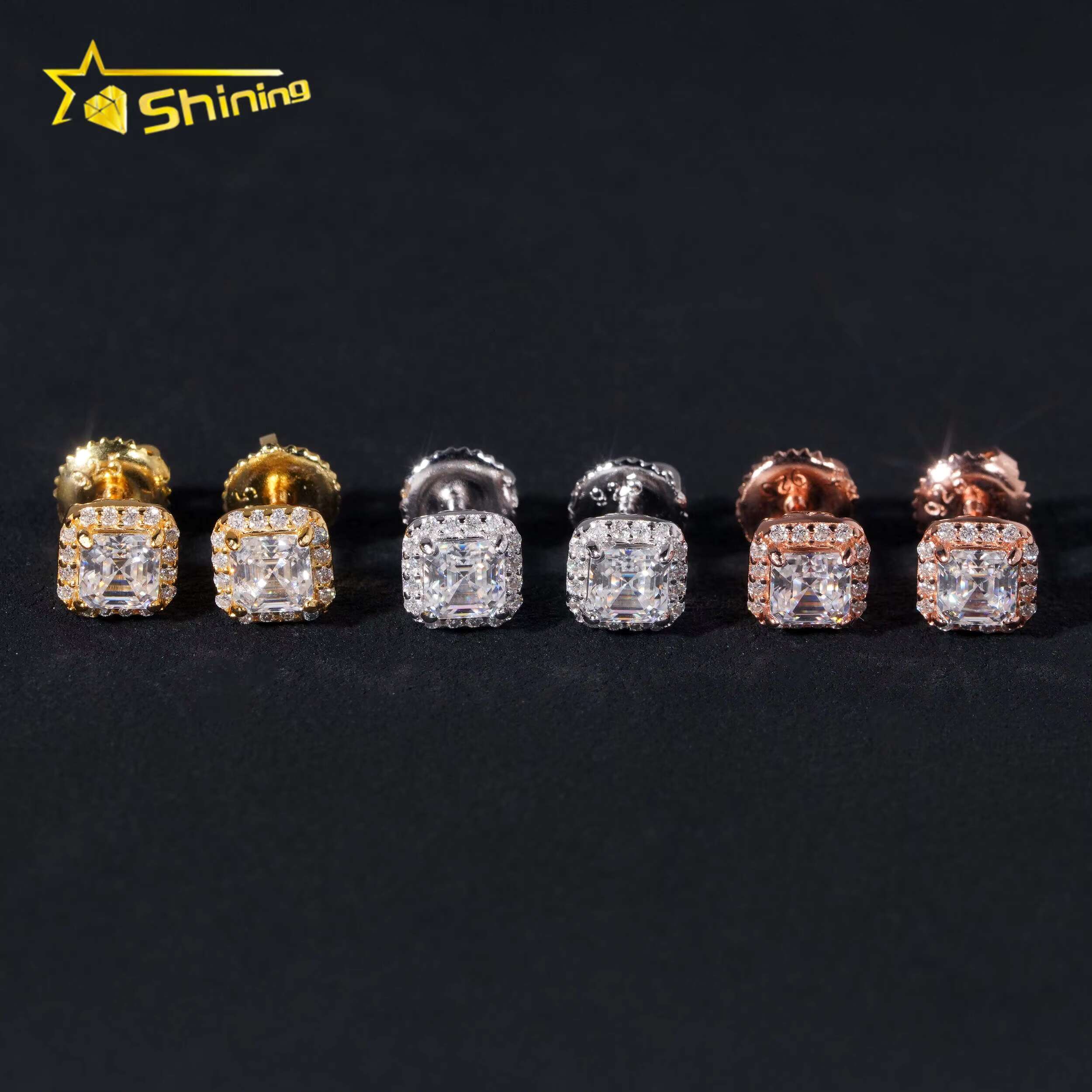 Pass Diamond Tester 925 Sterling Silver Hip Hop Stud Halo 4mm Asscher Cut Mens VVS Diamond Earring