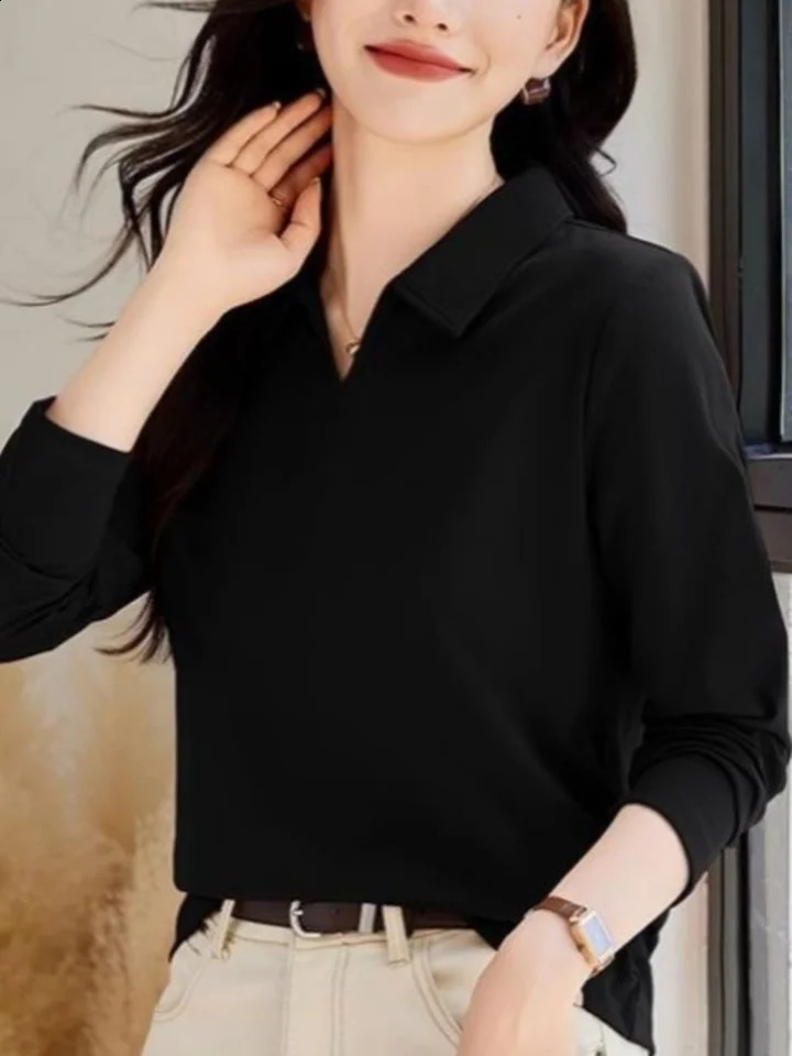 Womens fashion casual daily solid color long sleeve POLO shirt suitable for spring and autumn knitted tops. 250411