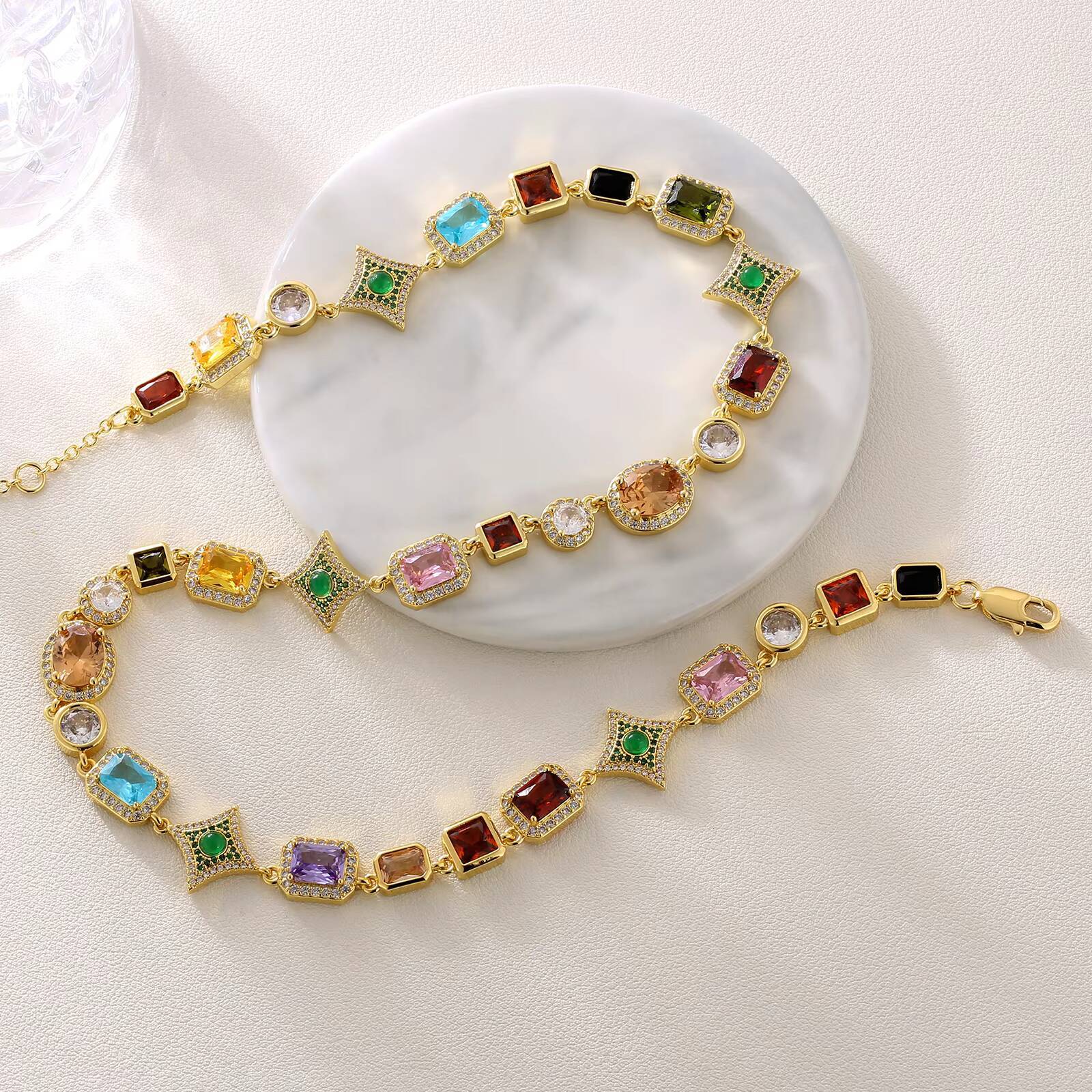 New Arrival 10mm Colorful Gemstone Chain Men Star Jewelry Women 18K Gold Plated Colored Zircon Geometry Motif Link Necklace
