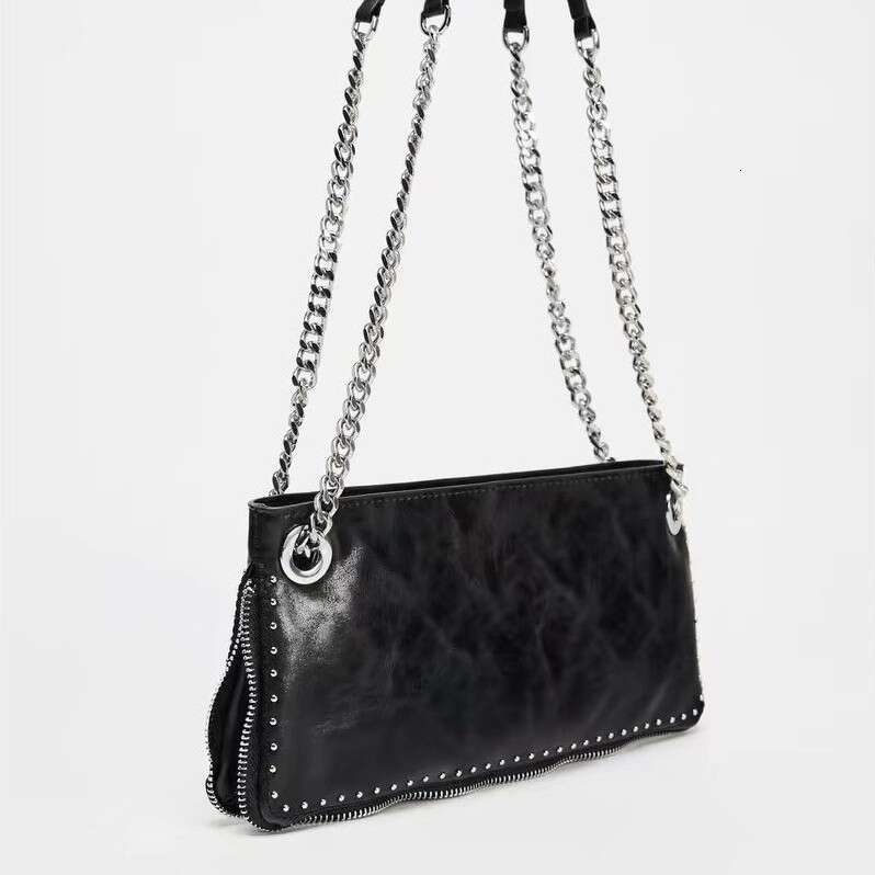 Women's 2025 Black Rivet Decoration Extended Zipper Multi Purpose New Bag