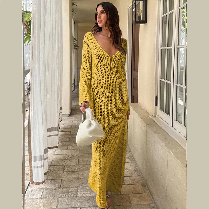 Sexy Women White Long Knit Sleeve Bikin Fashion Cover up Female See-Through Deep V-Neck Hollow-Out Beach Knitwear Backless Dress 250411