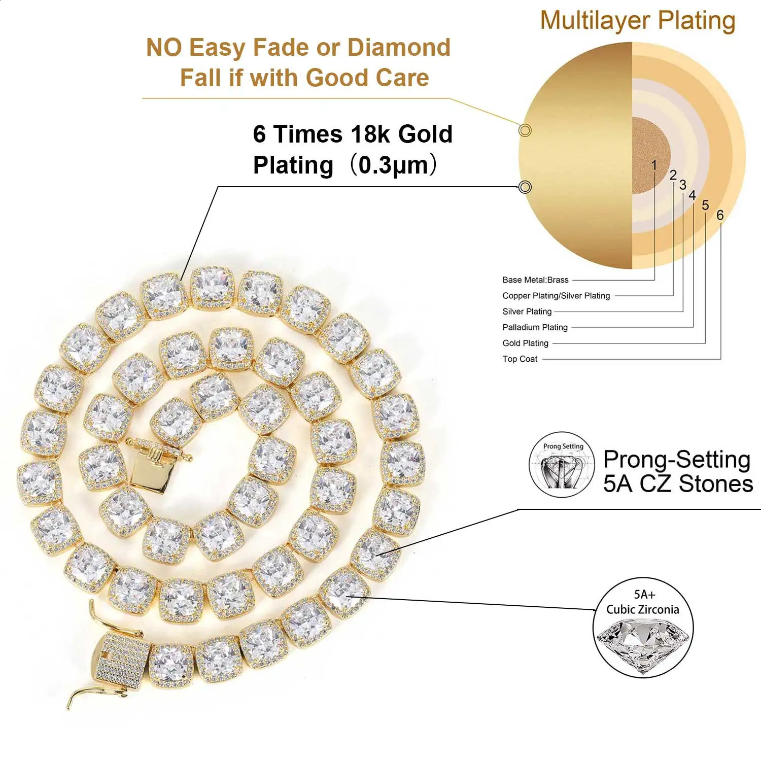 10mm Mens Tennis Chain Club Laboratory Diamond Ice Out Necklace Real 18K Gold/Silver Plated Necklace 250409