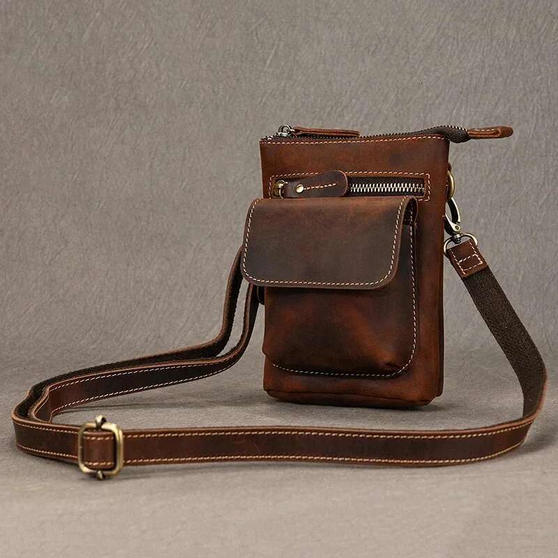 Retro Men's Hip Bum Bags Clip Buckle Waist Packs Zip Small Mini Fanny Pack Genuine Leather Cowhide Man Belt Pouch