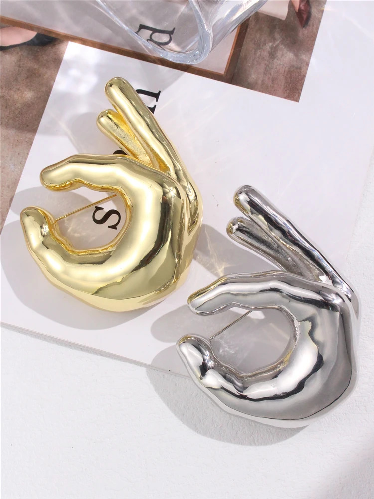 HUANQI Glossy Metal OK Gesture Hand drawn Palm Chest Suitable for Girls Competition Set Shawl Pin Creative Accessories 250407