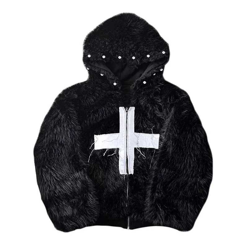 Fashion Mauroicardi Winter Short Cool Warm Soft Hairy Faux Fur Coat Men with Hood Rivet Luxury Designer Punk Style Clothes Fluffy Jacket Y251111