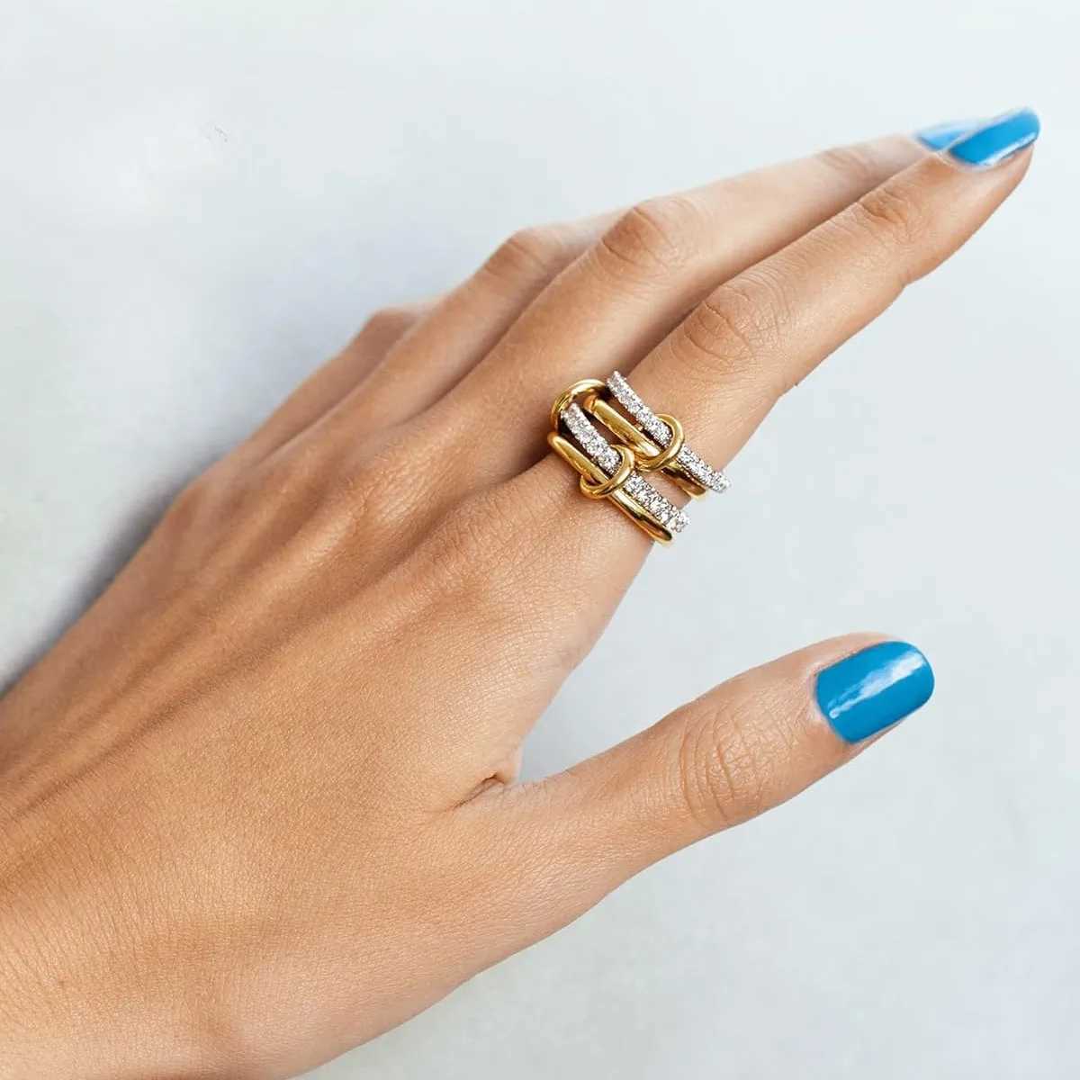 Niche two tone copper jewelry ring hypoallergenic Ins style stacked artwork suitable for young womenXJ250412