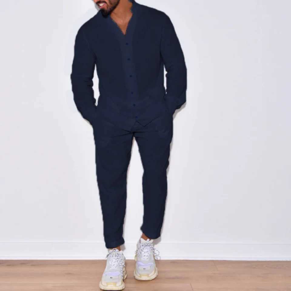 Autumn mens new fashion casual linen long sleeved full set single chest solid color button setXJ250412