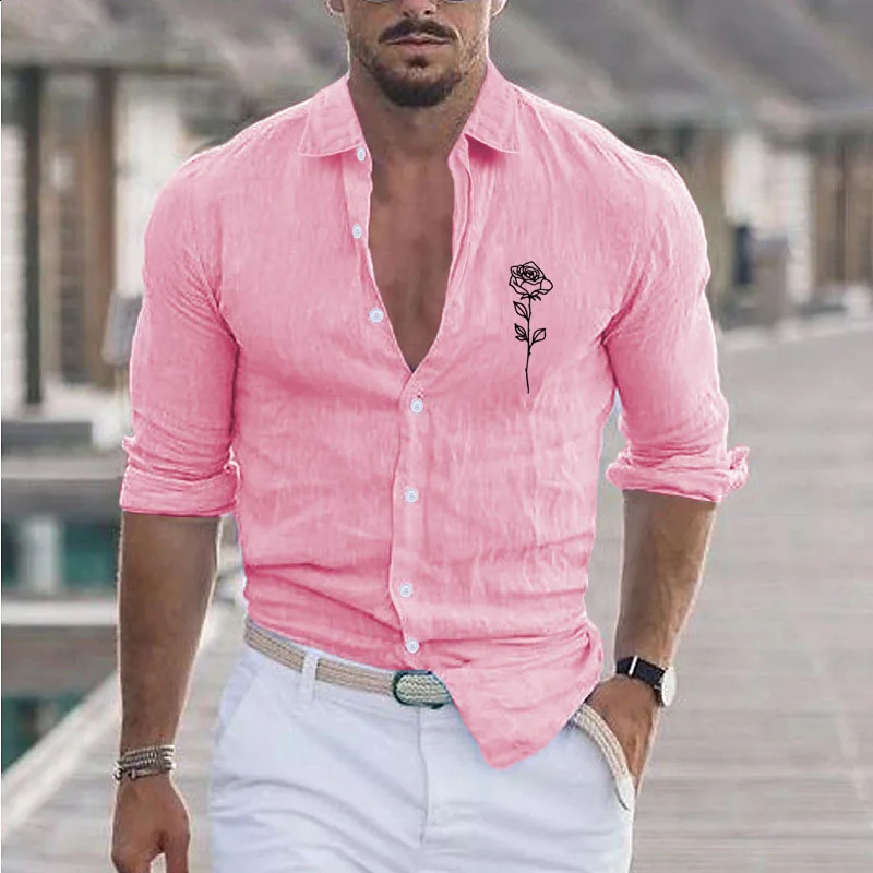 Mens Summer Cotton And Linen Lapel Beach Shirt Long Sleeve Solid Color Hawaiian Holiday Clothing Rose Pattern Shirt 250411