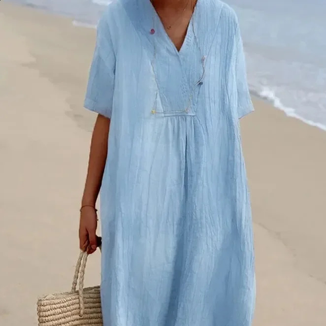 V-neck Short Sleeve Dress Solid Cotton Linen Denim Dress for Women Spring /summer Loose Korean Style Big Size Summer Dresses 250411