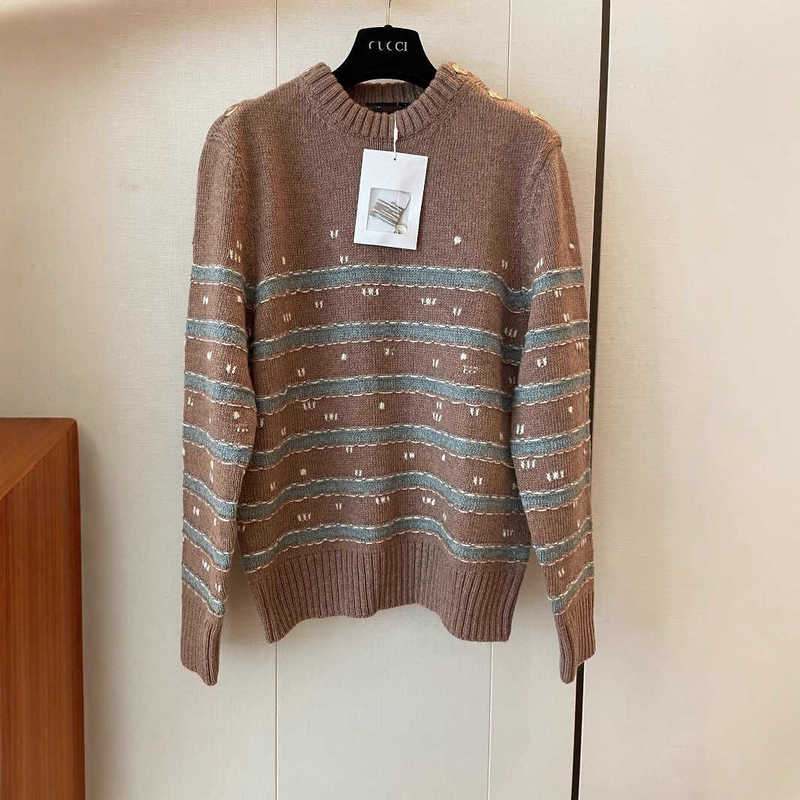 Women's Sweaters Designer Sweater Elegant V-Neck Gold Button Color-Block Patchwork Age-Reducing Sweet Ruffled Edge Striped Knit 4WY8