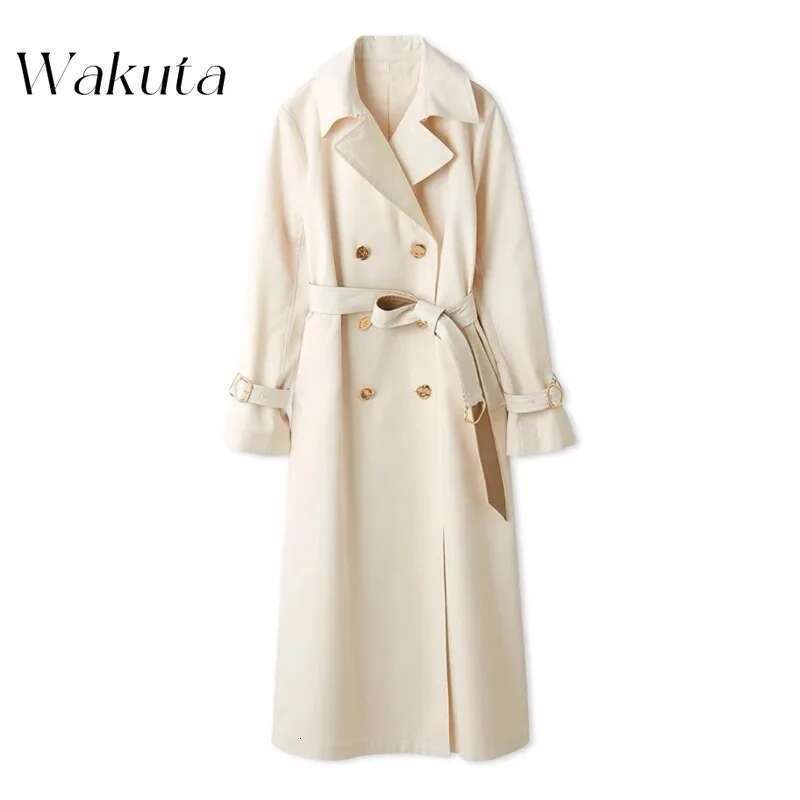 WAKUTA Japanese Elegant Lapel Long-Sleeved Belted Trench Coat Fashion Double-Breasted Belt PU Splicing Middle-Length Y2k Jackets