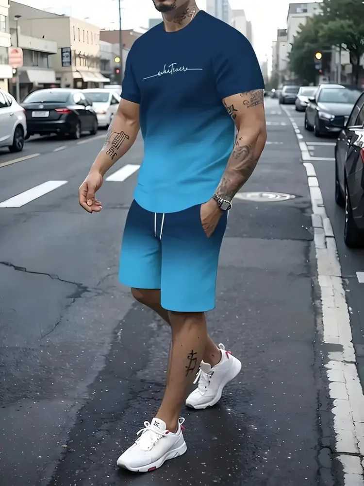 2025 Mens Short Sleeve Set Creative Letter Printing Gradient Color Summer Short Sleeve 2-piece Urban Fashion Street SetXJ250412