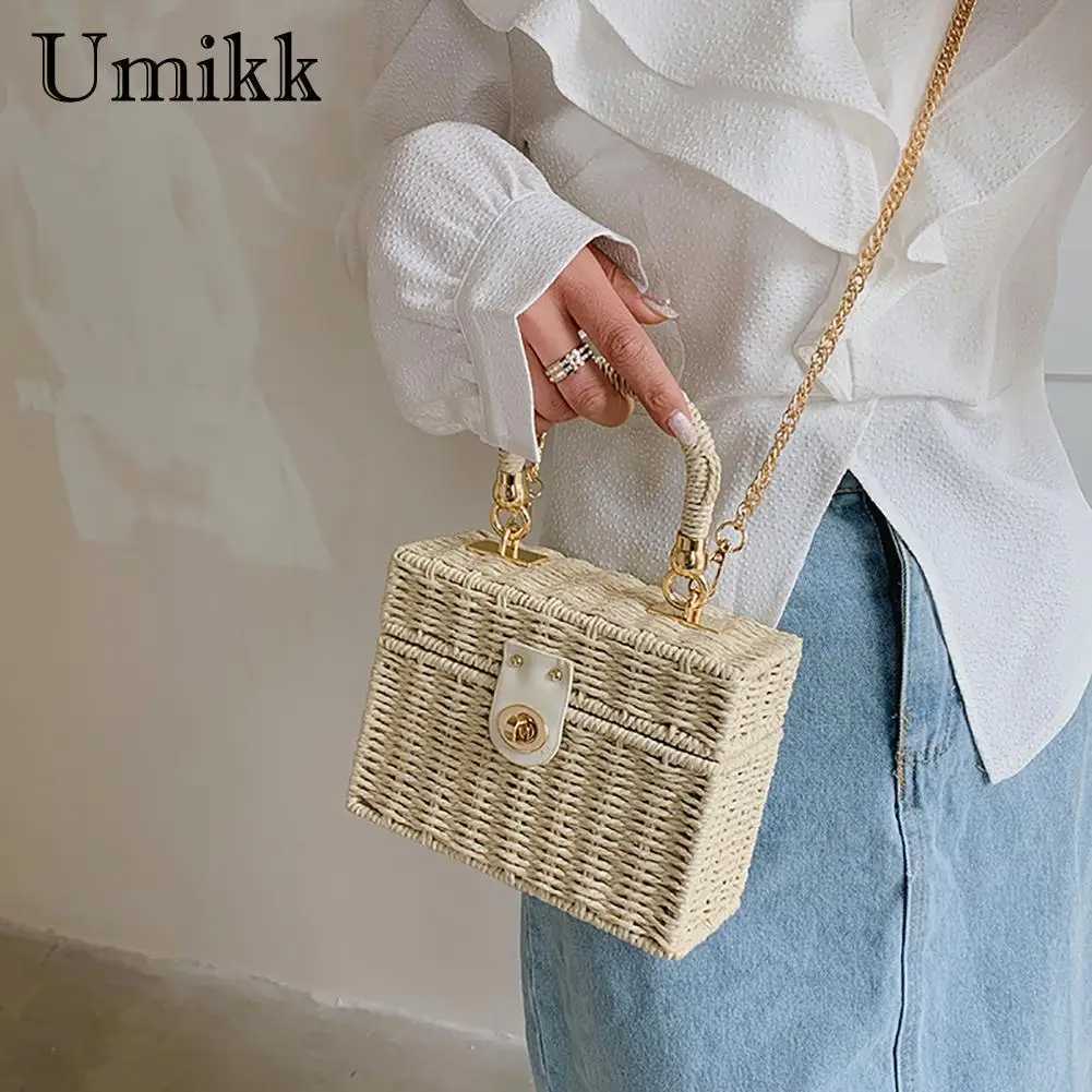 Rattan Str Shoulder Bag Womens Bohemian Handbasket Messenger Bag Summer Beach Square Box Top HandbagXJ250412