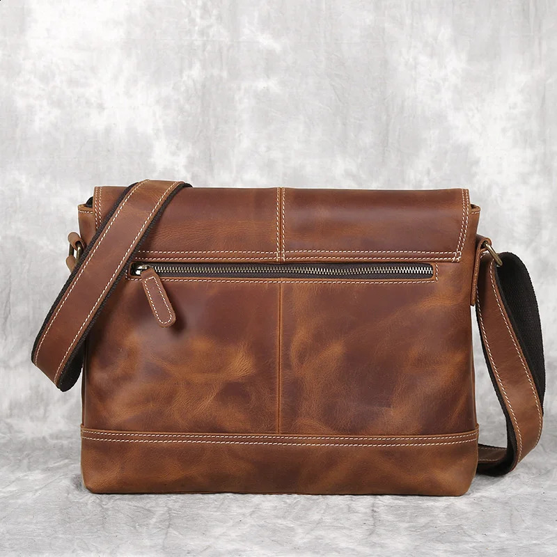 NZPJ Leather Mens Shoulder Bag Retro Top Layer Cowhide A4 File Mens Bag Brown Handmade Crazy Horse Leather Messenger Bag 250407