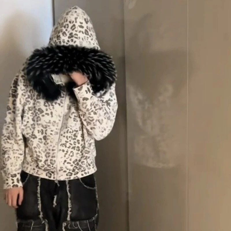 Y2K American Retro Zip Up Hoodies Printed Leopard Fur Collar Sweatshirt Gothic Hip Hop Fashion Streetwear Unisex Boxy Clothing 251112