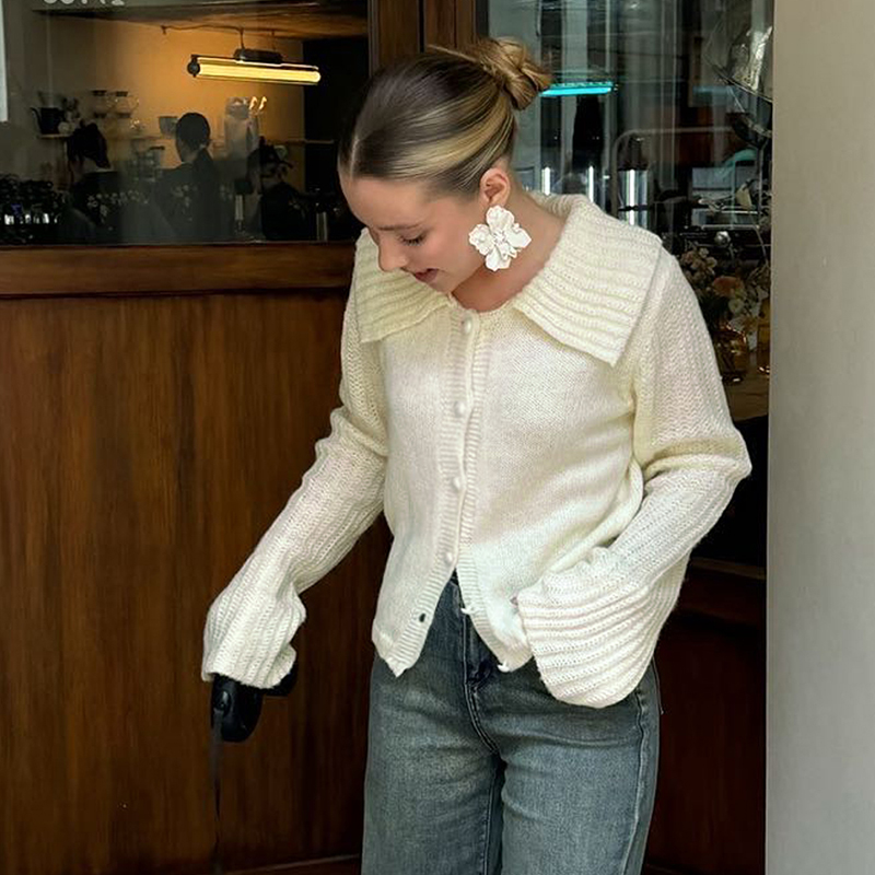 Women's solid color cardigan sweater coat loose fit large collar flared sleeves with pearl buttons a versatile fashion sweater lovely and elegant