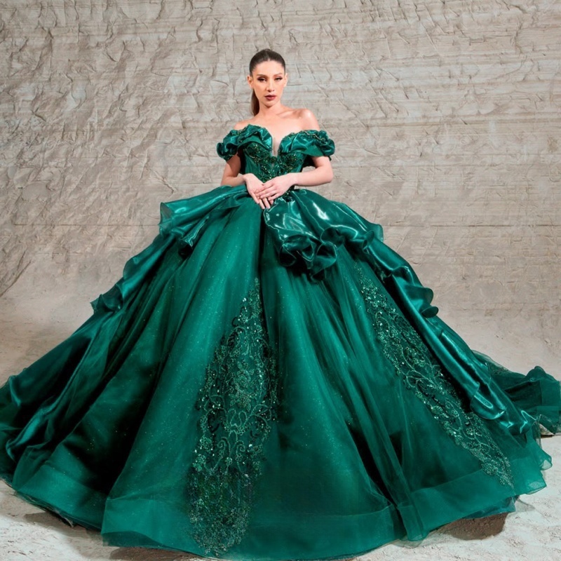 Blackish Green Shiny Princess Quinceanera Dresses Off Shoulder Beads Applique Lace Tull Sweet 16 Dress Ball Gown Vestidos 15 Anos