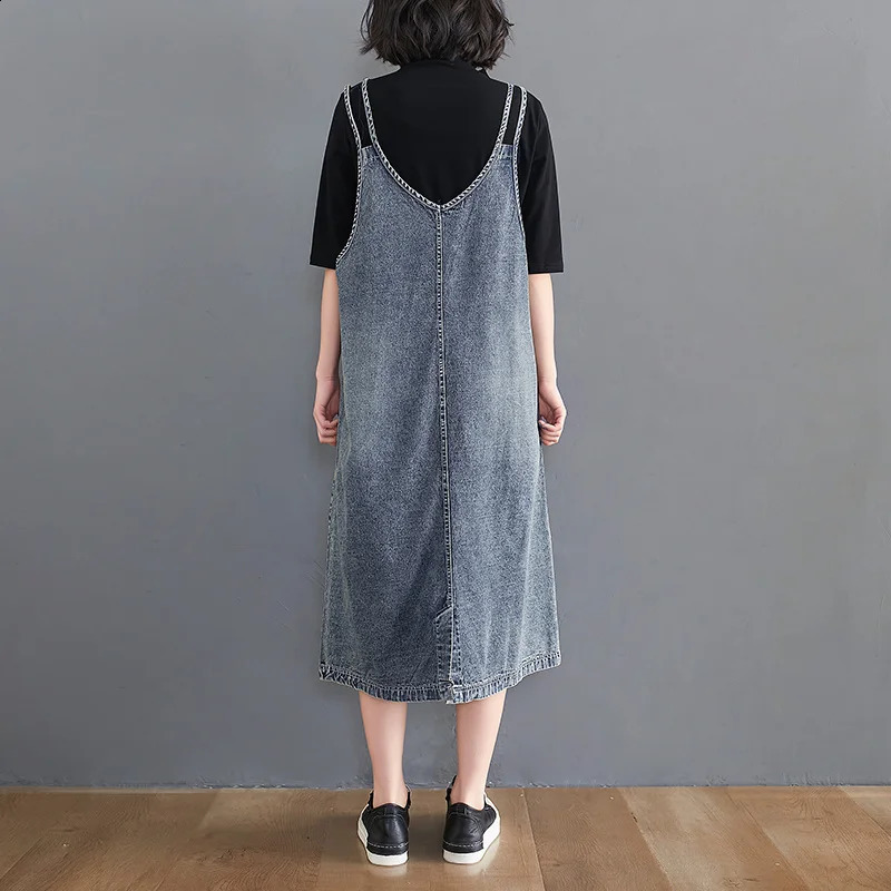 #2114 Spring Summer Blue Denim Overalls Dress Women Sleeveless Spaghetti Strap Dress Front Pockets Casual Vintage Dress V Neck 250411