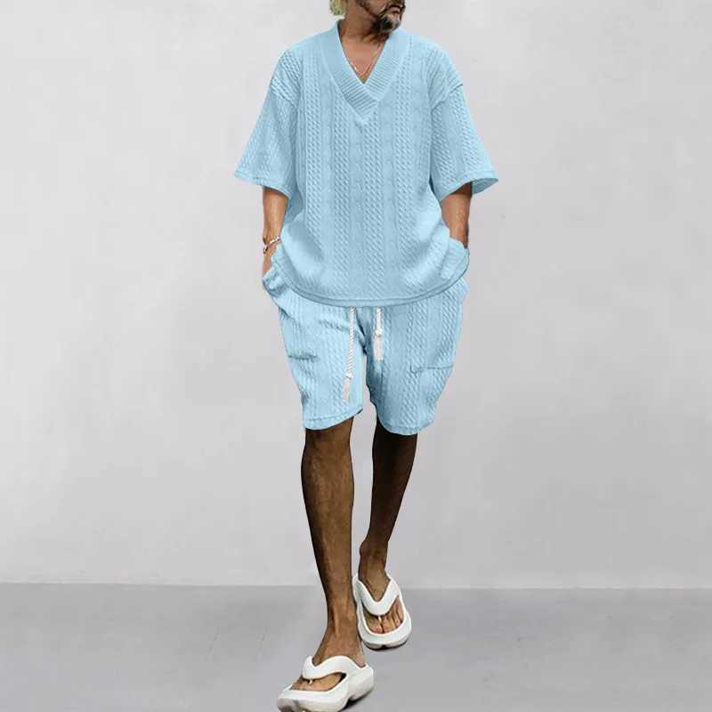 New casual loose one seventh sleeve jacquard V-neck top mens beach vacation set European size 2-piece setXJ250412