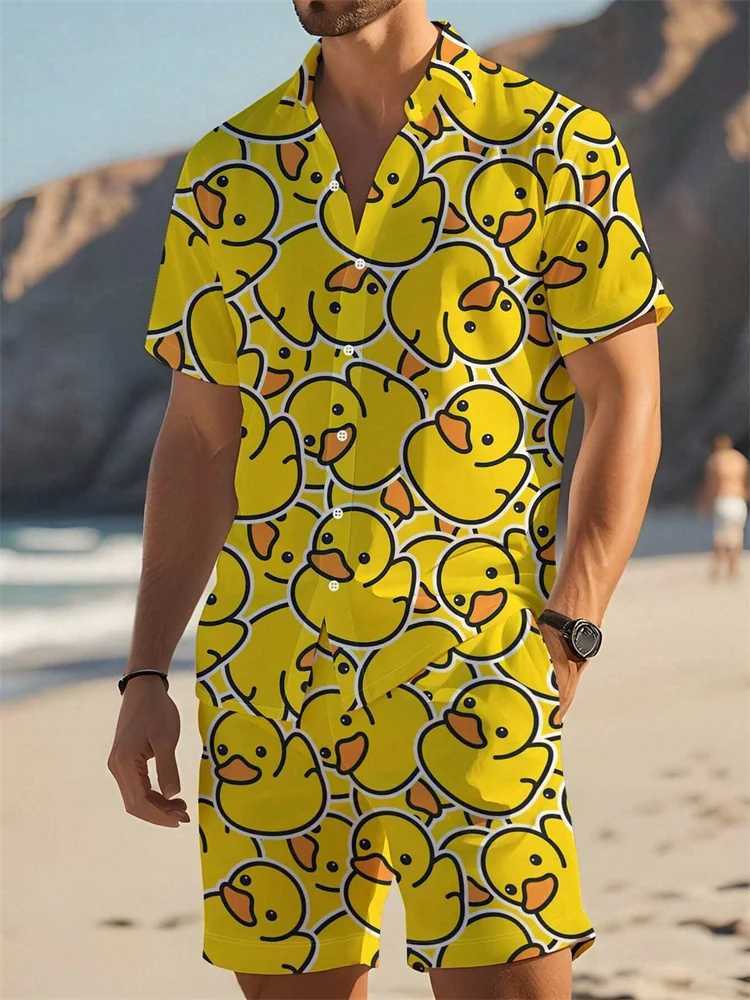 Hawaiian shirt set mens yellow duck print fashion pattern summer fashion casual daily big button down jacket two-piece setXJ250412