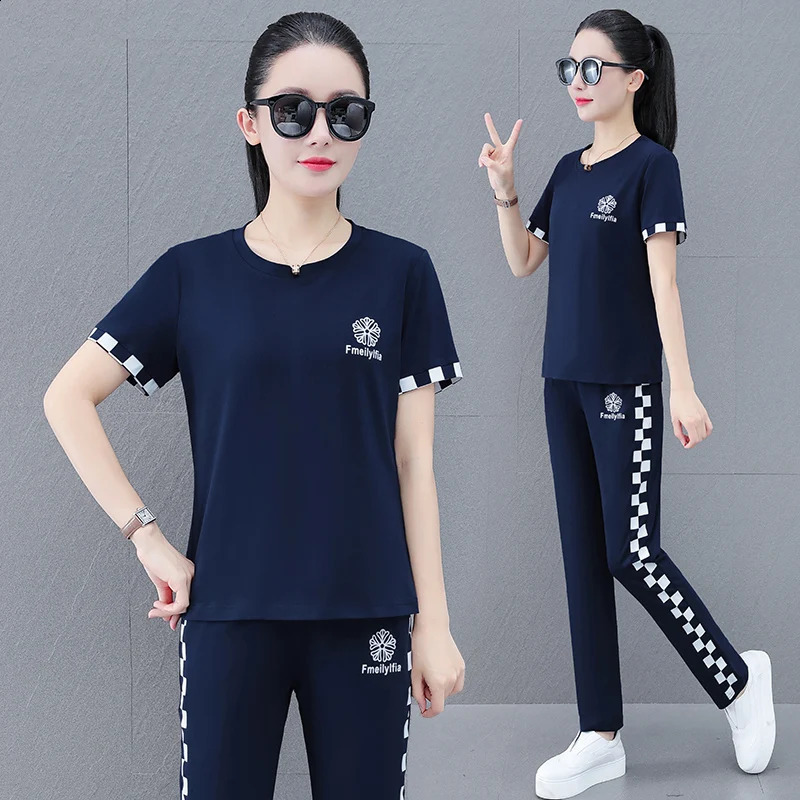 Summer Woman Trouser Sets Solid O Neck Short Sleeves T-Shirt Top Elastic Waist Pockets Female Loose Long Pant 250411