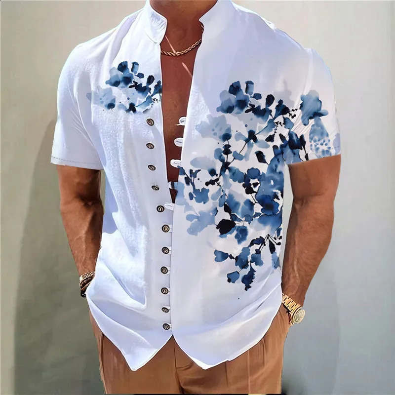 Mens Linen Shirt Floral Graphic Prints Stand Collar Outdoor Street Short Sleeve Print Clothing Apparel Linen Fashion 250411
