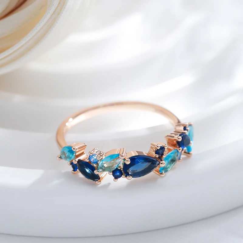 Kinel 585 Rose Gold Womens Ring Luxury Blue Natural Zircon Ethnic Wedding Jewelry Daily Party AccessoriesXJ250412