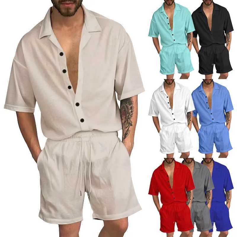 European and American summer set mens casual collar solid color shirt button up cardigan short sleeved set mens styleXJ250412