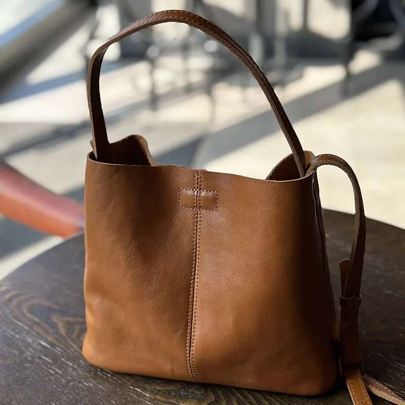 2025 New Genuine Leather Simple Bucket Shoulder Bags Vintage Large Capacity Cowhide Solid Color Women Handbag